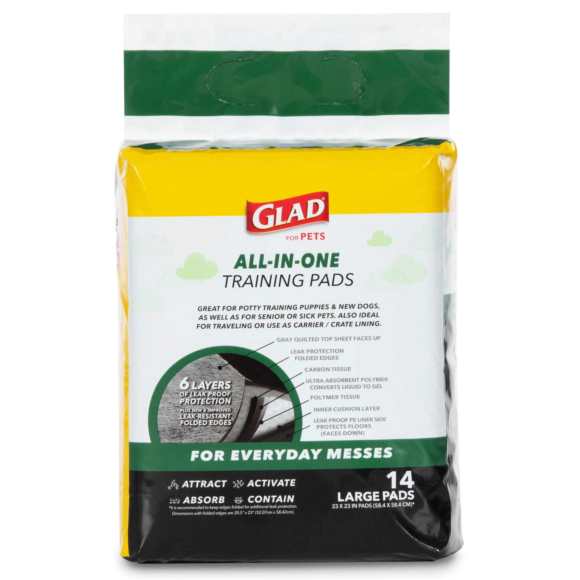 (4 pack) Glad Activated Charcoal Leak-Resistant Training Pads for Dogs, 23in x 23in, 14 Count