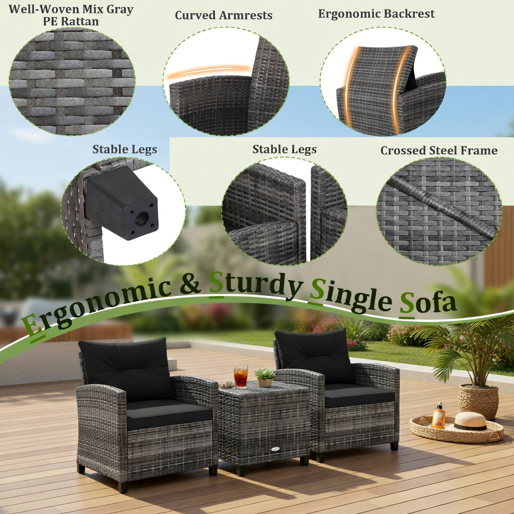 Hommoo 3-Piece Modern Outdoor Wicker Conversation Set, Steel Frame, Tempered Glass Table & Weather-Resistant Cushions, Black