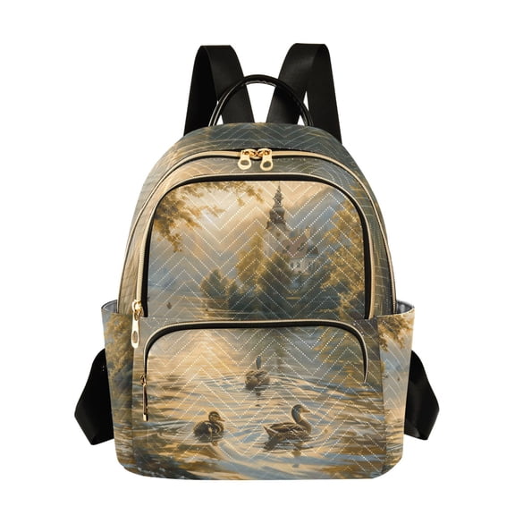 JIALIOU Mini Backpack Purse for Women Quilted Casual Daypack Small Travel Shoulder Bag, Ducks Swimming in Lake at Sunrise