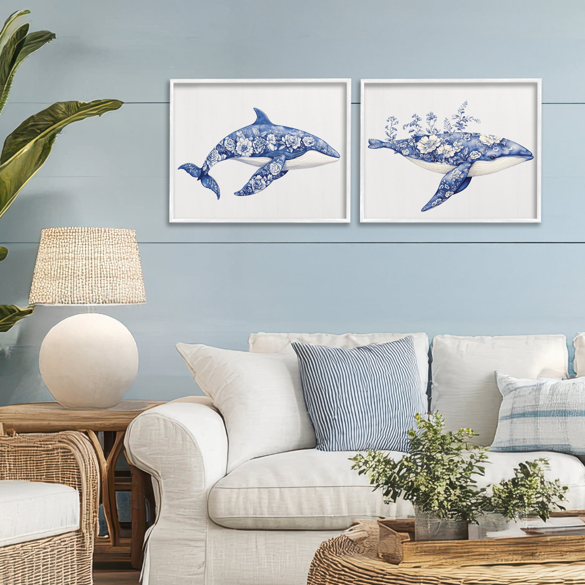 Blooming Toile Pattern Whales 2 Piece White Framed Giclee Art Set, design by Lettered and Lined