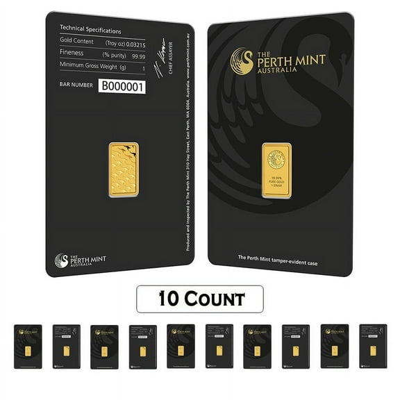 Lot of 10 - 1 Gram Perth Mint Gold Bar .9999 Fine (in Assay)