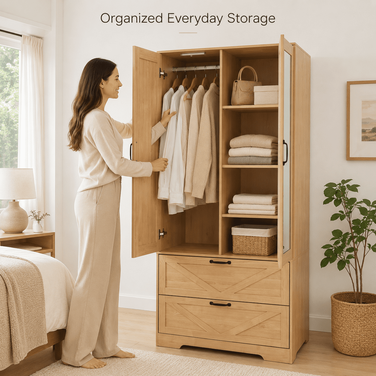 Aukfa 2-Door Wardrobe Armoire with Mirror & Built-In Induction Light, Bedroom Wood Closet with Hanging Rod & 2 Drawers,Natural