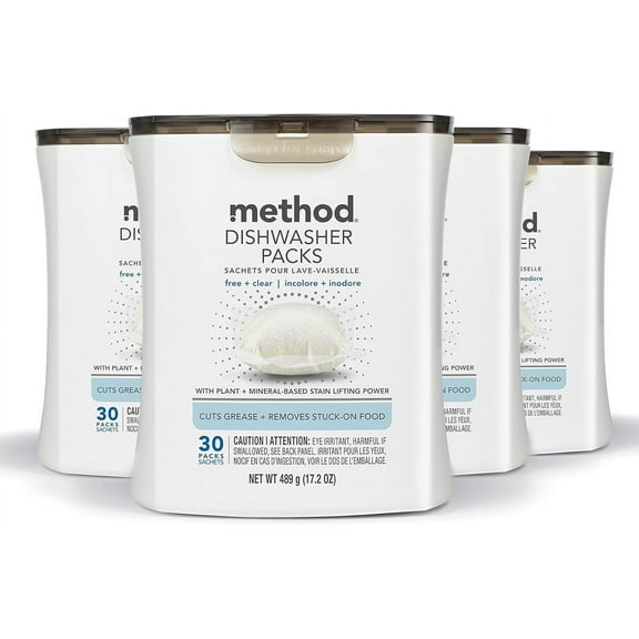 Method Dishwasher Detergent Packs, Fragrance Free   Clear, Dishwashing Rinse Aid to Lift Tough Grease and Stains, 30 Dishwasher Tabs per Package, Pack of 4