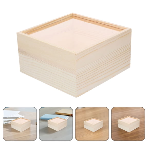 SEWCHICS 2-Pack Clear Acrylic Sliding Storage Boxes with Stylish Wooden Base for Desktop Organization, Beige