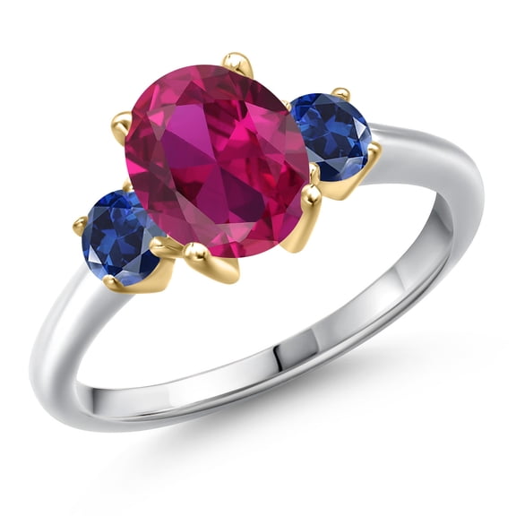 Gem Stone King 925 Silver and 10K Yellow Gold Red Created Ruby and Blue Created Sapphire Engagement Ring for Women | 2.50 Cttw | Oval 9X7MM | Gemstone July Birthstone | Size 6