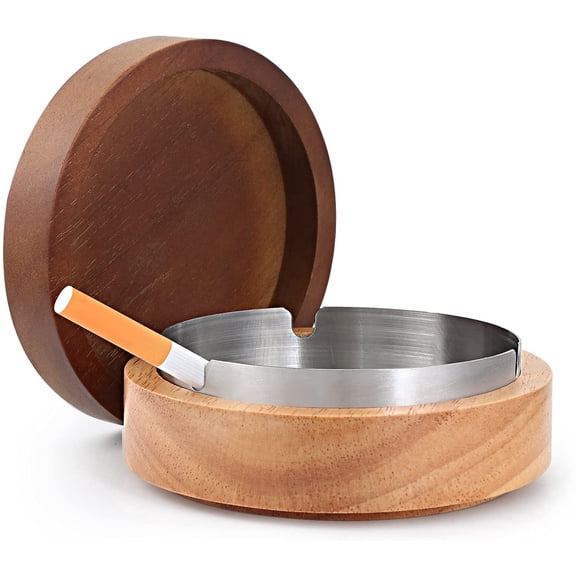 Ashtrays for Cigarettes Smokeless Ash Tray with Stainless Steel Liner Windproof Wooden Ashtray with Lid for Home Office Tabletop Outside Patio