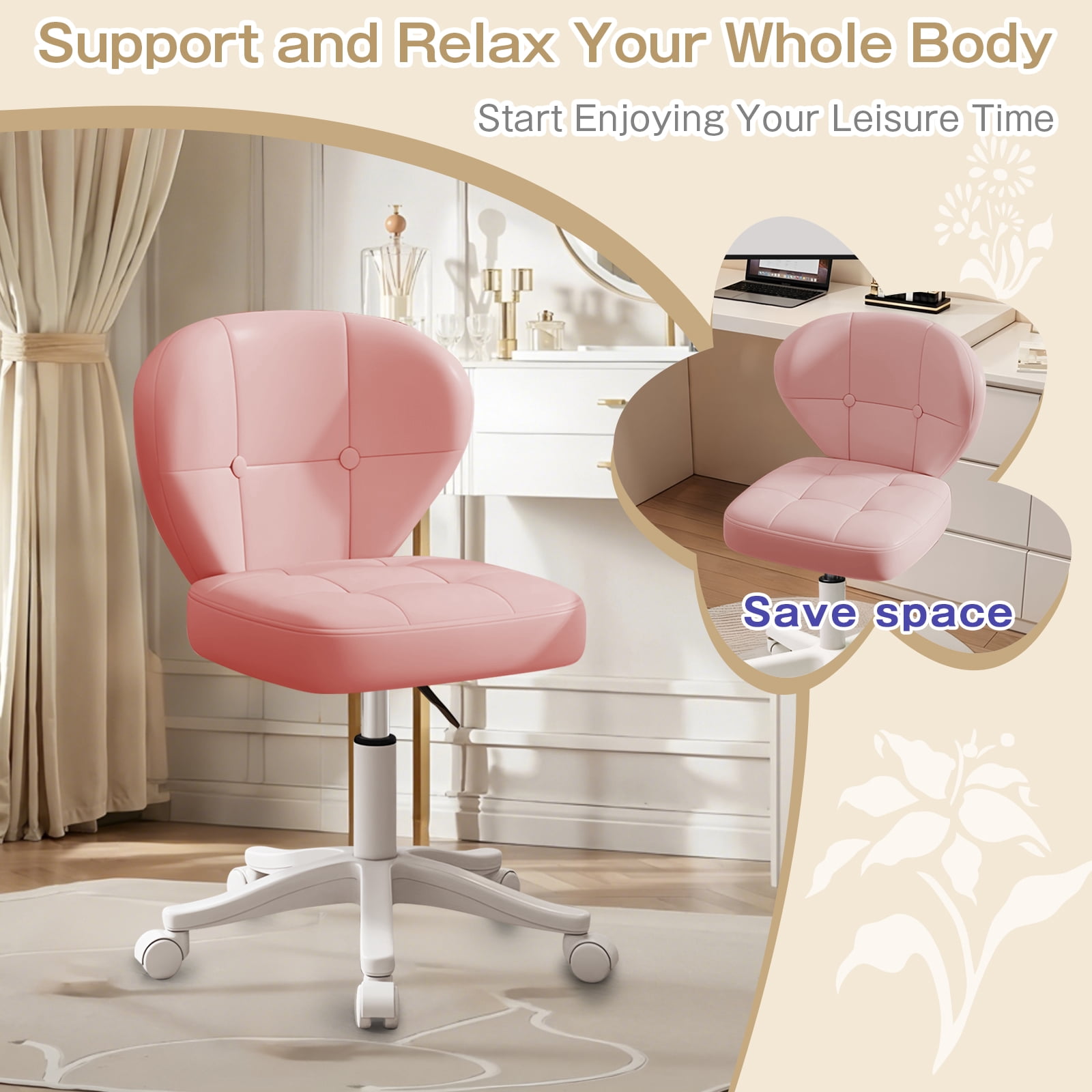 Vanity Chair with Back – Small Armless Office Chair with Wheels, Lumbar Support, PU Leather, Adjustable Height, 360° Swivel for Home, Bedroom, Office Pink