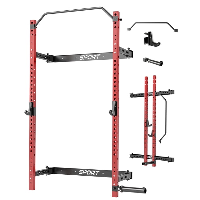Heavy Duty Folding Wall Mounted Squat Rack - 1000lbs Capacity Power Rack with Pull Up Bar, j-Hooks & Landmine for Home Gym Space Saving