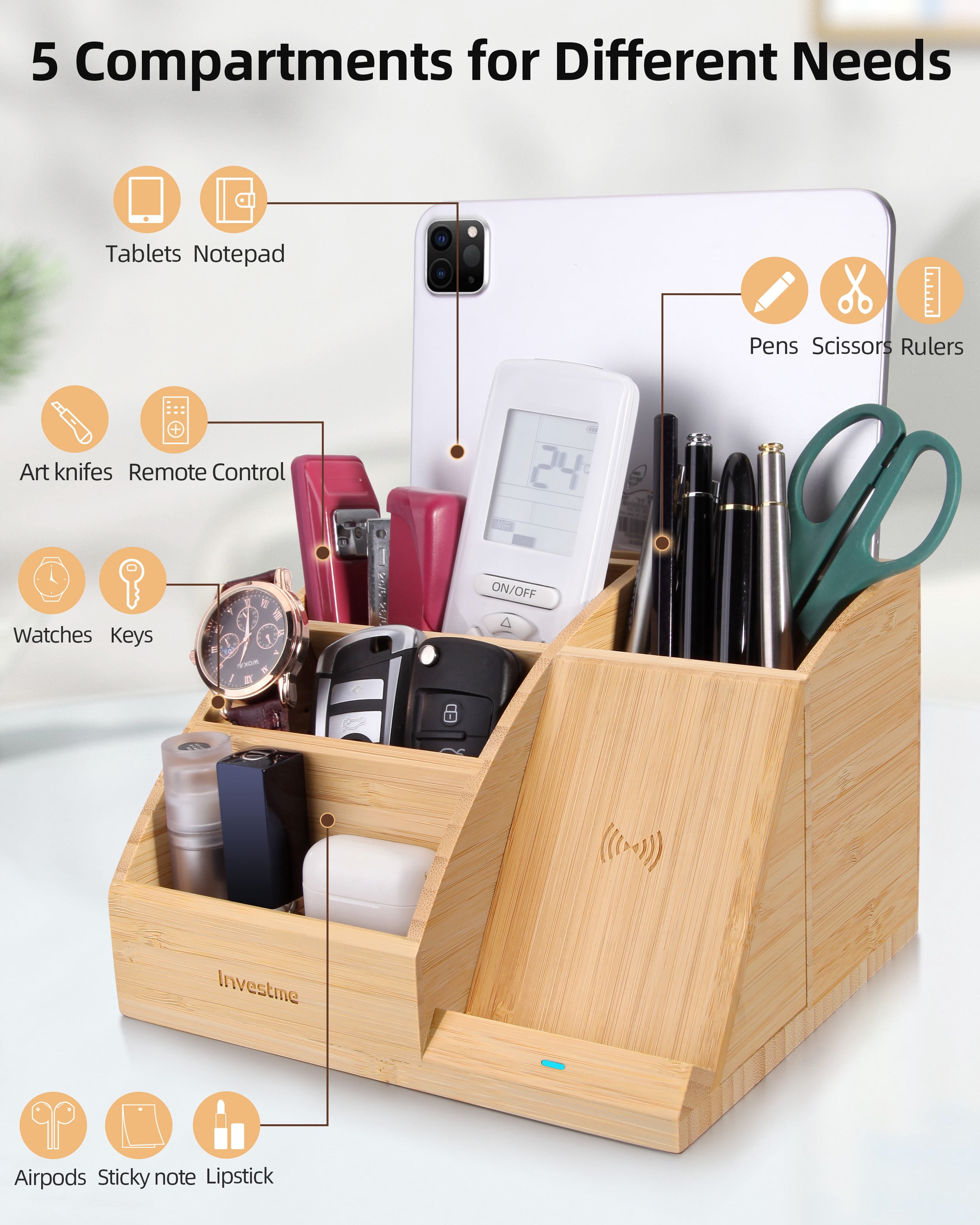Investme Desk Organizer with Wireless Charging, Bamboo Pencil Holder with 15W Fast Wireless Charger Compatible with iPhone and Samsung for Desk & Nightstand