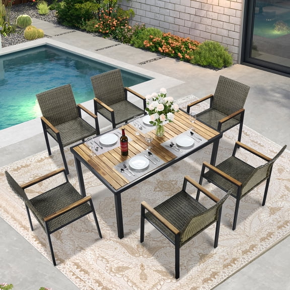 7pcs Outdoor Dining Table and Chairs, All-weather Patio Dining Set with 6 Stackable Rattan Chairs, Acacia Wood Top Metal Table Rectangular, Umbrella Hole, Gray