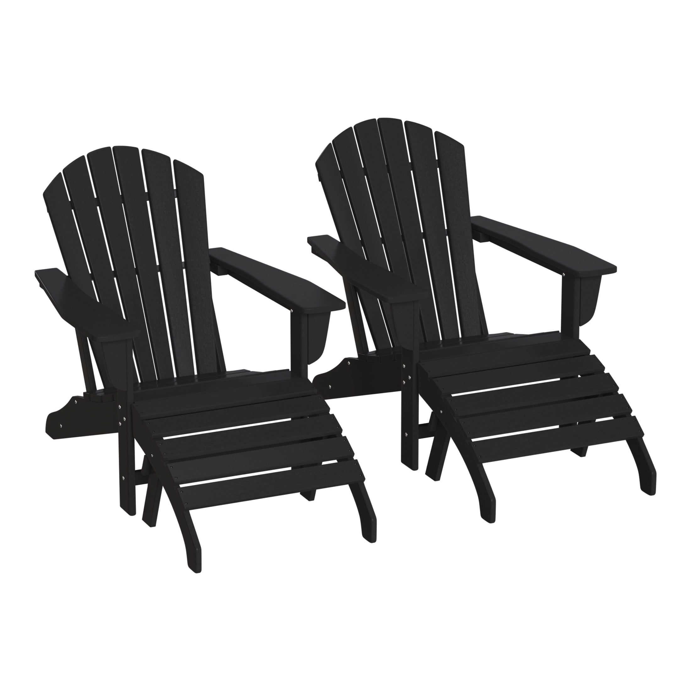 WestinTrends Dylan Outdoor Lounge Chairs Set of 2, 4 Pieces Seashell Adirondack Chairs with Ottoman Set, All Weather Poly Lumber Outdoor Patio Chairs Furniture Set, Black