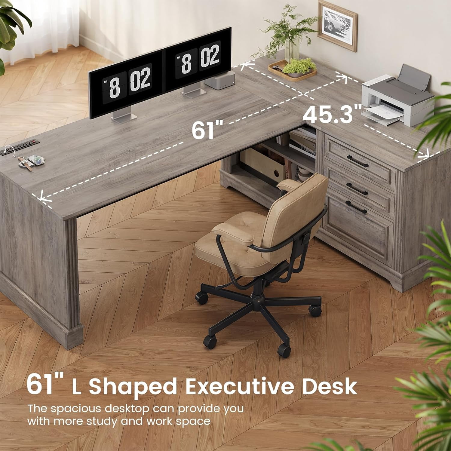 SEDETA Executive Desk, 61" Farmhouse L Shaped Desk with File Drawers, Office Desk with Drawers and Power Outlets, Computer Desk with Storage Shelves for Home Office, Grey