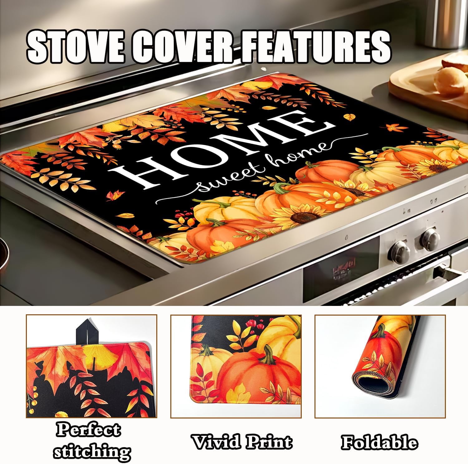 Fall Pumpkin Stove Cover For Electric Stove, 20x28 Glass Stove Top Mat Thanksgiving Heat Resist Electric Gas Range Mat Sweet Home Decor Glass Top Protector Black Kitchen Cooktop Pad