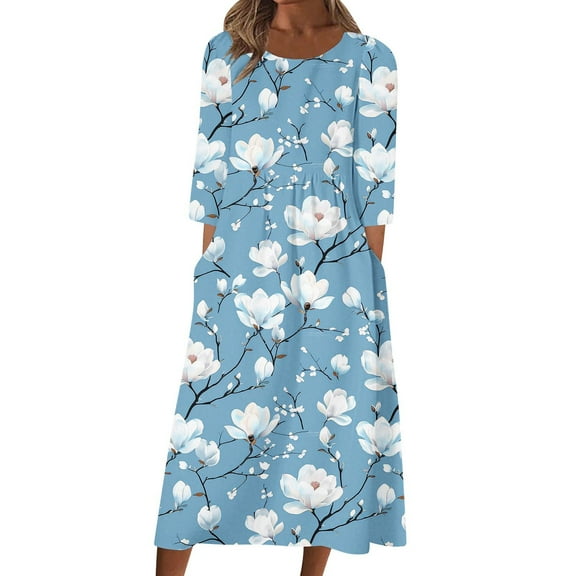 Enjoytime Dresses for Women Floral Printed Round Neck 3/4 Sleeve Midi Dress Fashion Loose Beach Vacation Flowy Dresses Multicolor XXL