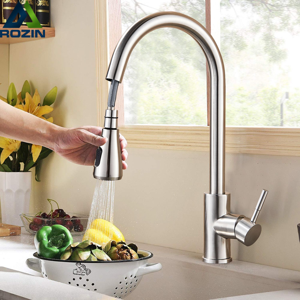 Novashion Pull Down Kitchen Bathroom Faucet With Sprayer Stainless Steel Brushed Nickel Single