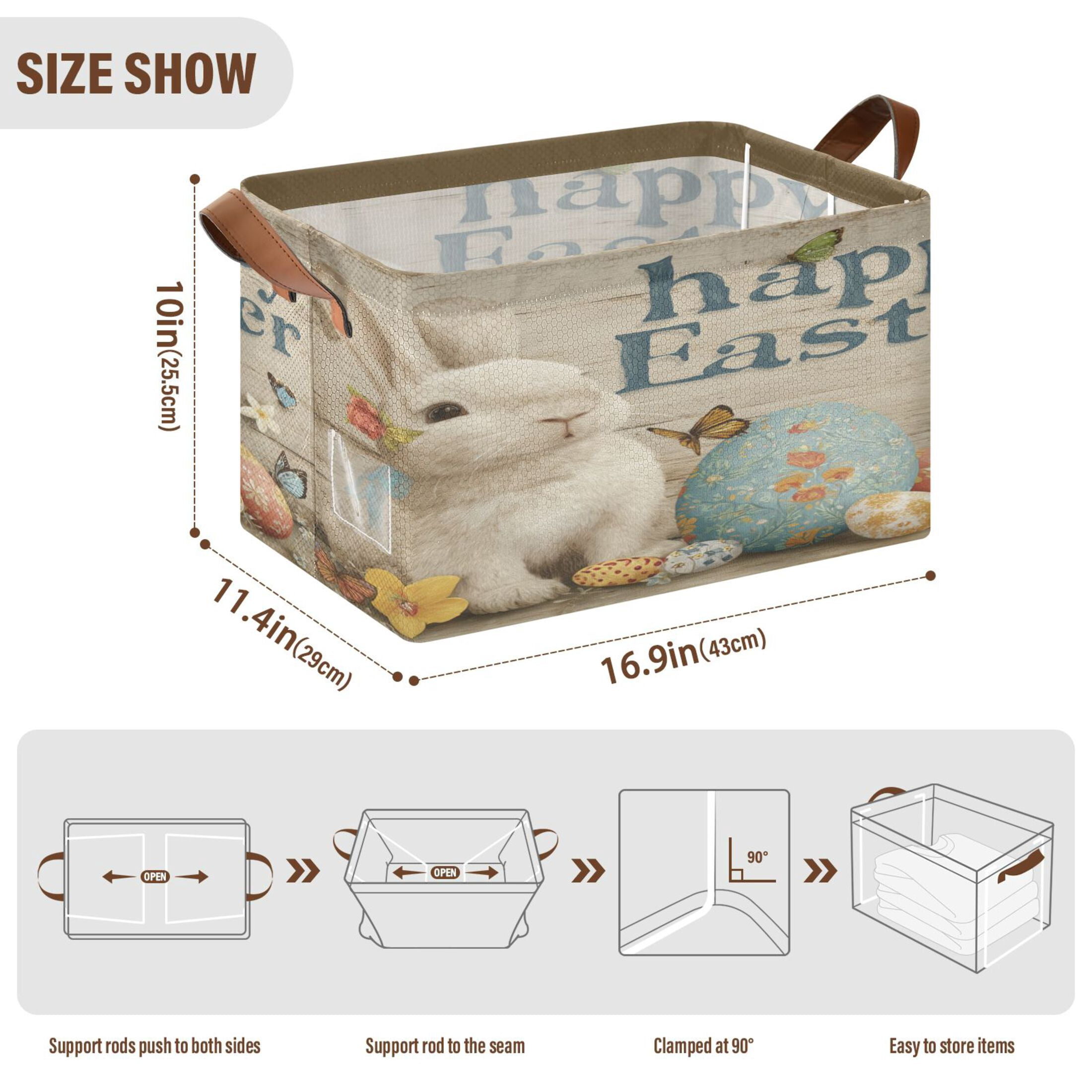WobogoHappy Easter Bunny Storage Basket 16.9×11.4×10in Collapsible Oversized with Metal Iron Frame