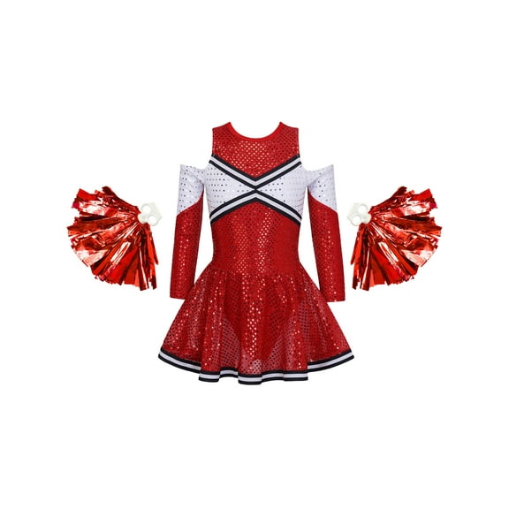 CHICTRY Girls Halloween Dress Up Costume Off-Shoulder Sequins Dress with Pompoms Carnival Party Cheerleading Outfit Red 8