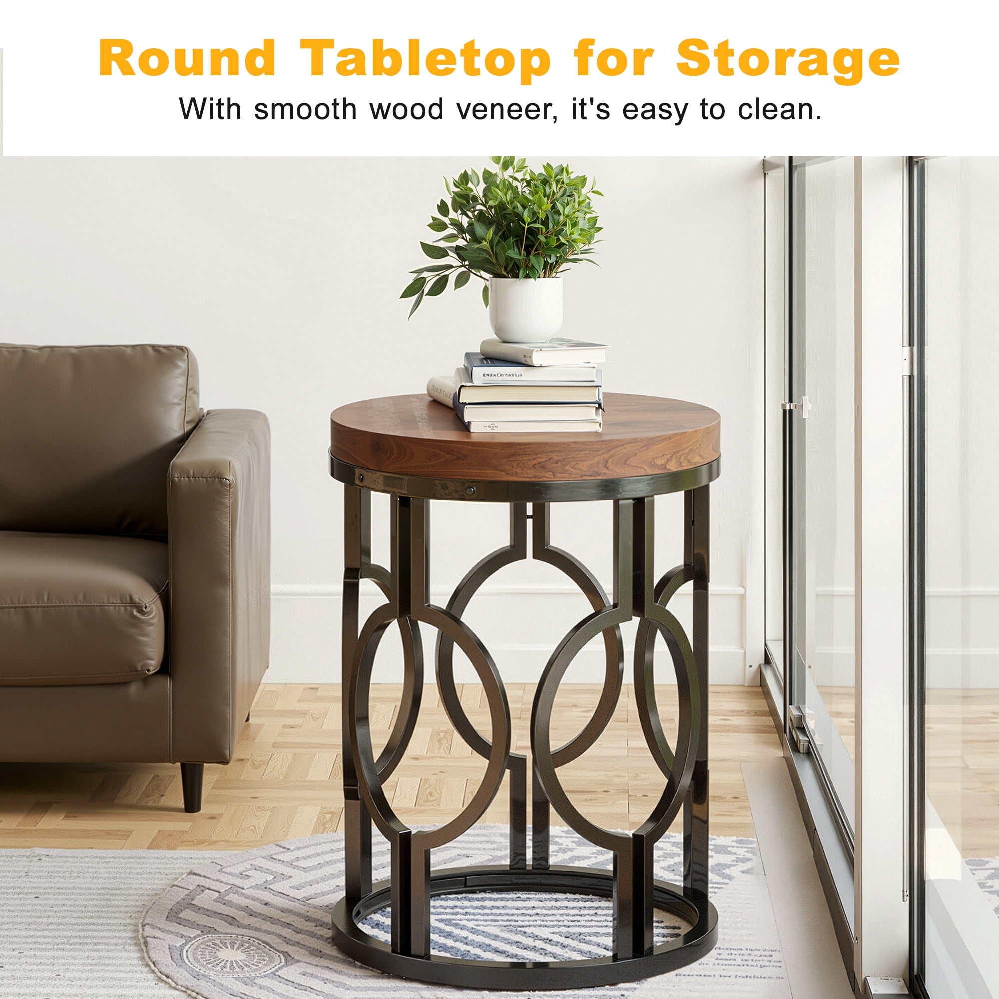 MAYEERTY Industrial Round Side Table, Hollow Metal Frame End Table with MDF Tabletop, Space-Saving Design for Home Decor