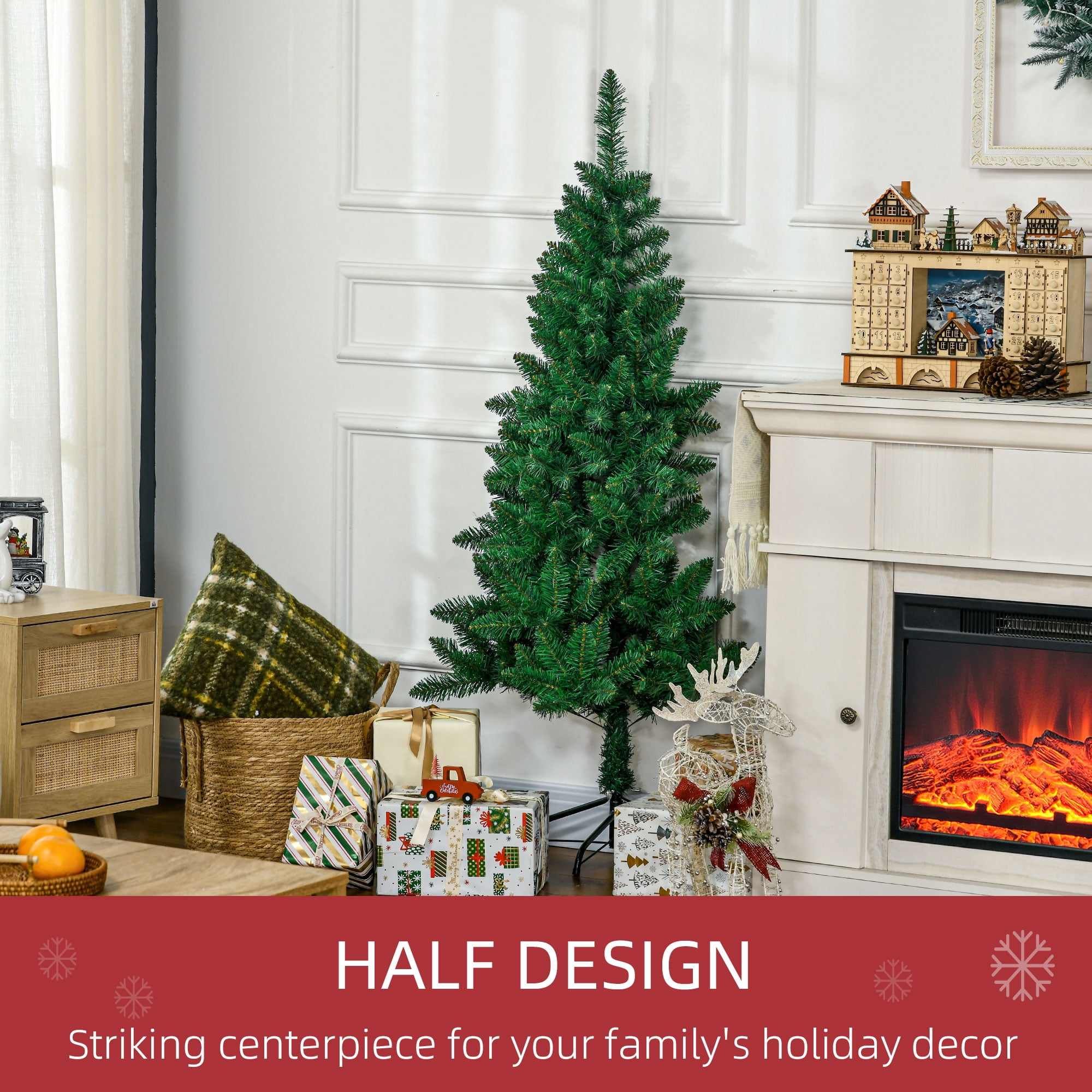 Astoutdoor Artificial Christmas Tree, 5 ft Half Design, PVC and Steel, Green, Indoor Use