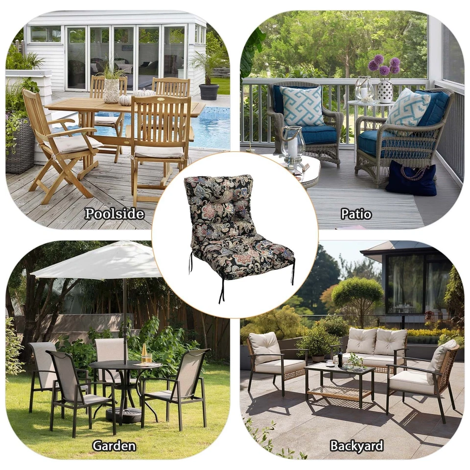 TOPCHANCES Indoor/Outdoor Chair Cushions 42'' x 21'' x 3", Waterproof Tufted Thick Patio Wicker Chair Seat Cushion Rocking Chair Cushion (Black & Printed, Set of 4)
