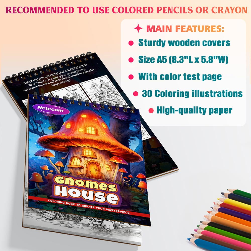 Gnomes House Coloring Book Spiral Bound For Adults, A5 Wooden Cover, 30 Charming Coloring Pages of Enchanted Gnome Villages for Stress Relief and Relaxation