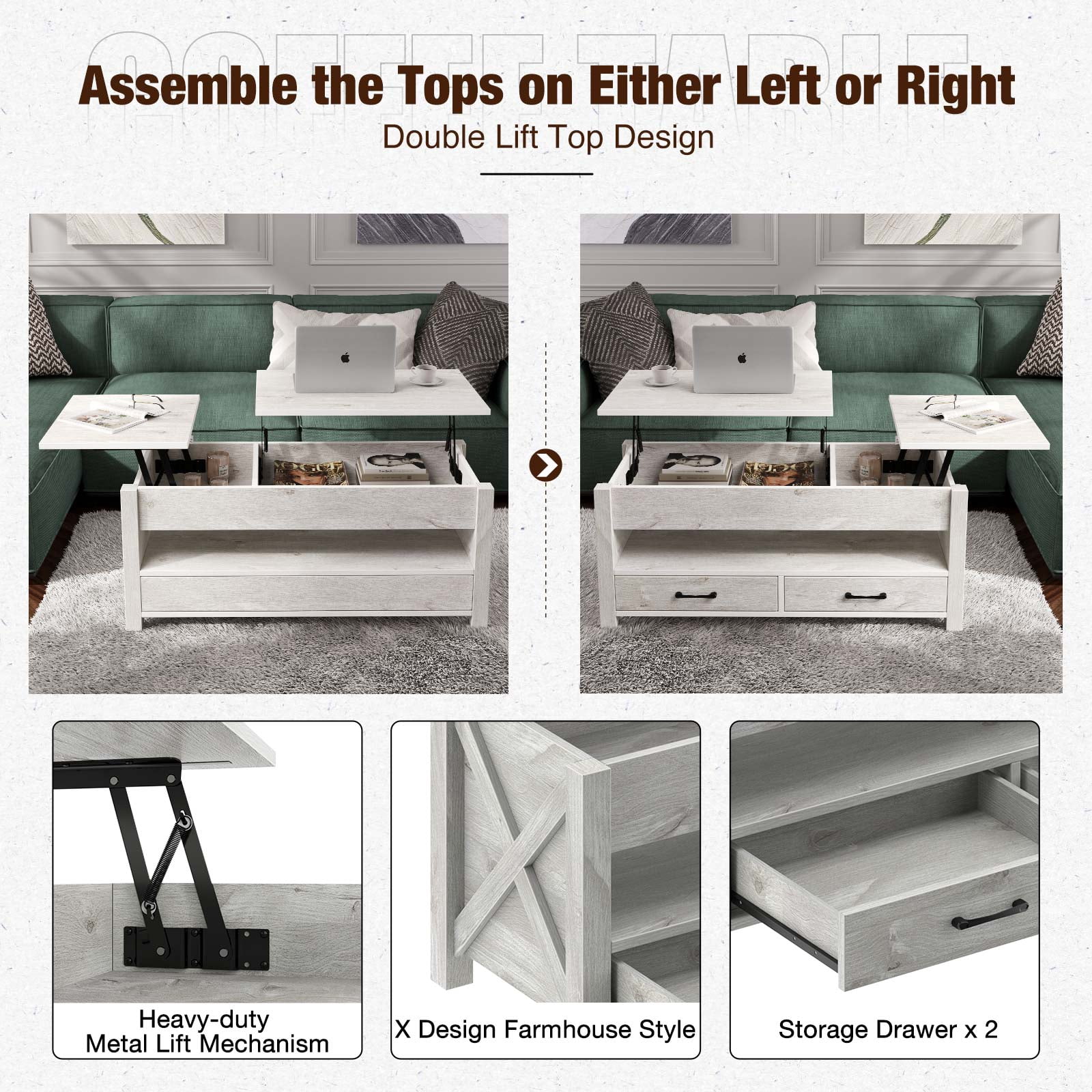 Greenstell Lift Top Coffee Table 47.2"with Drawers and Hidden Compartment,Gray