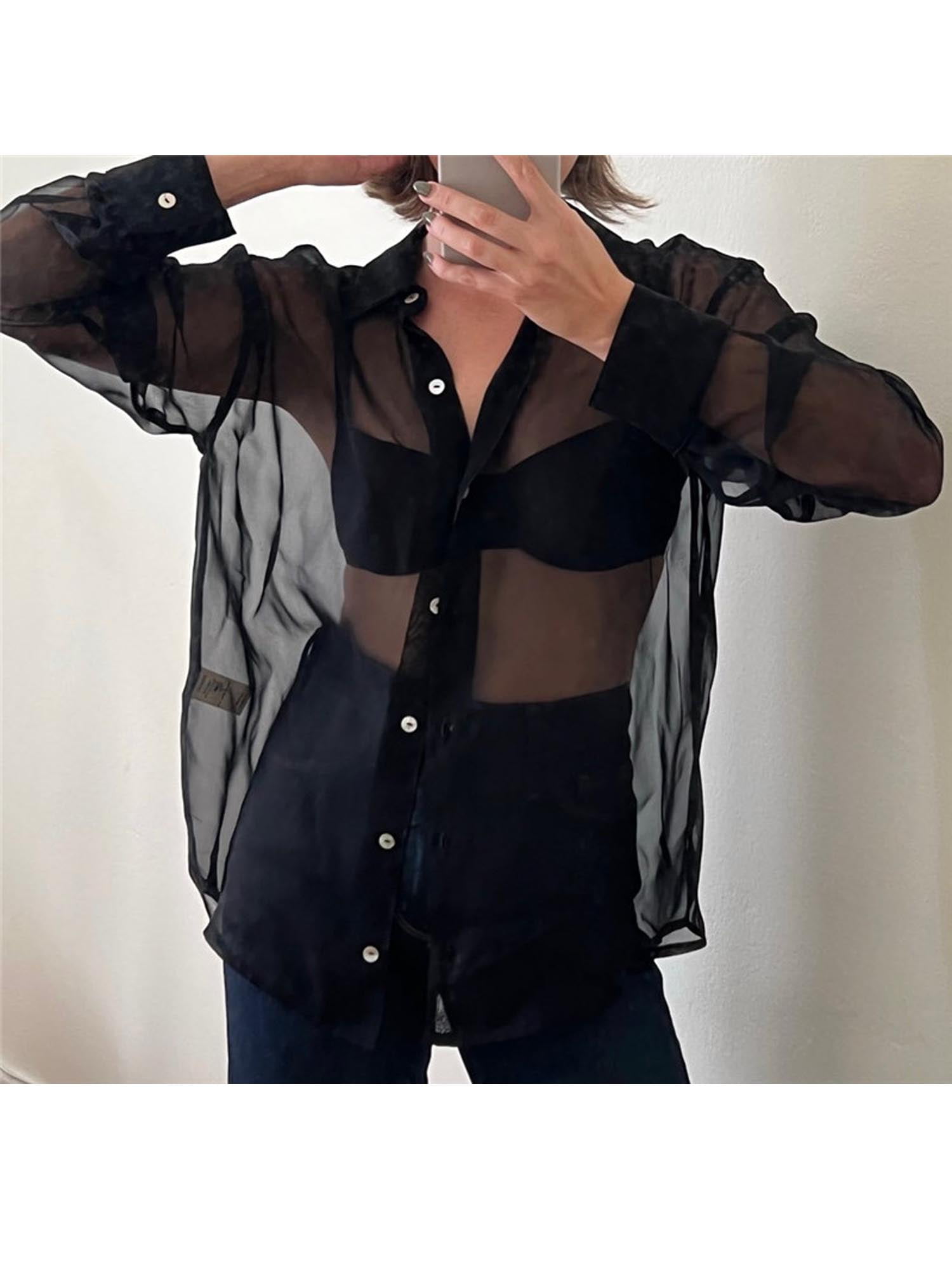 Womens Y2K Sheer Button Up Shirt Long Sleeve Lapel Mesh Top Vintage See  Through Basic Blouse Streetwear