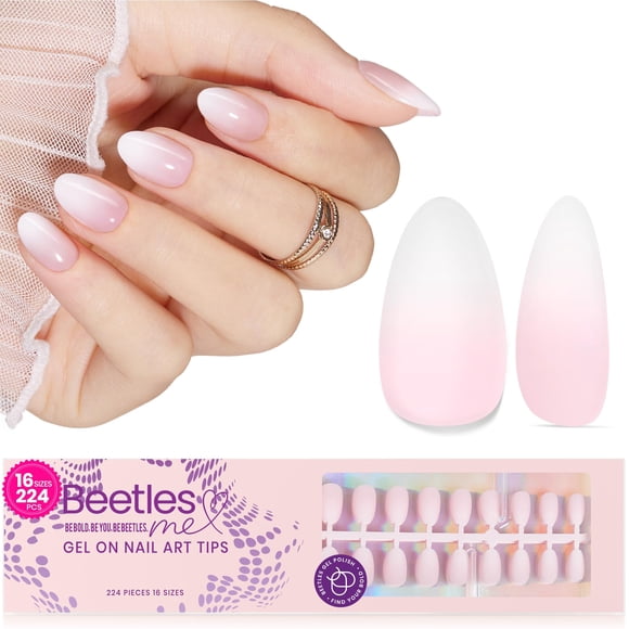 Press On Nails con forma de escarabajos, punta francesa, rosa degradado, extra cortos