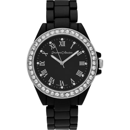 Journee Collection Women's Rhinestone Silvertone Round Face Matte Link Bracelet Fashion Watch, Black