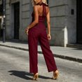 thumbnail image 4 of Women's Halter Jumpsuit, Solid Color Sleeveless With Zipper Pocket, Elastic Waist One-Piece Pants For Summer Vacation Wine 2XL, 4 of 6