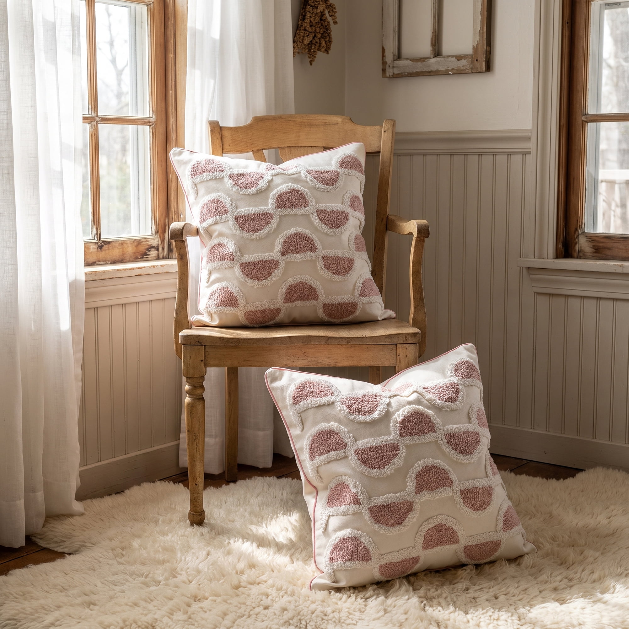 Unique Bargains Tufted Throw Pillow Cover Cushion Case for Home Pink Semicircle 18"x18"