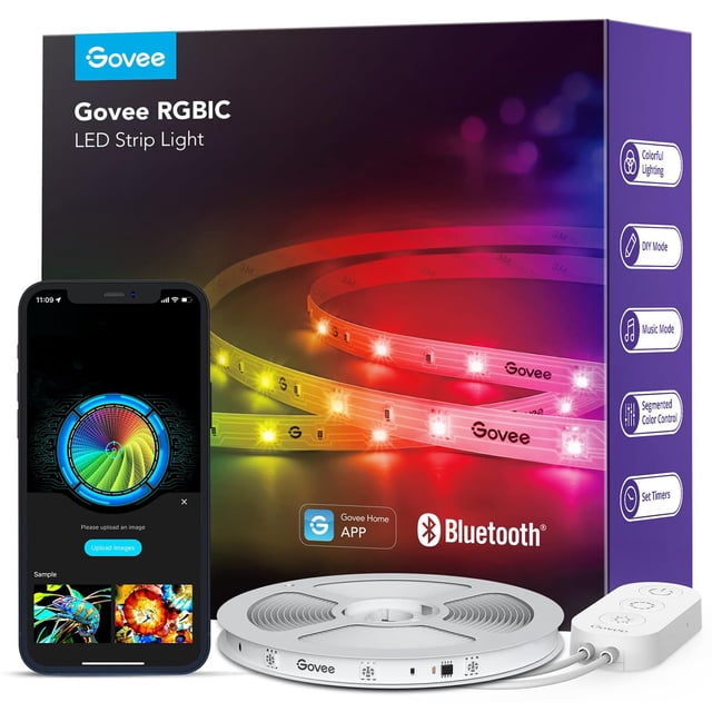 Govee RGBIC Tira de luces LED, luces LED inteligentes, control de aplicaciones con bricolaje segmentado, modo de sincronización de música