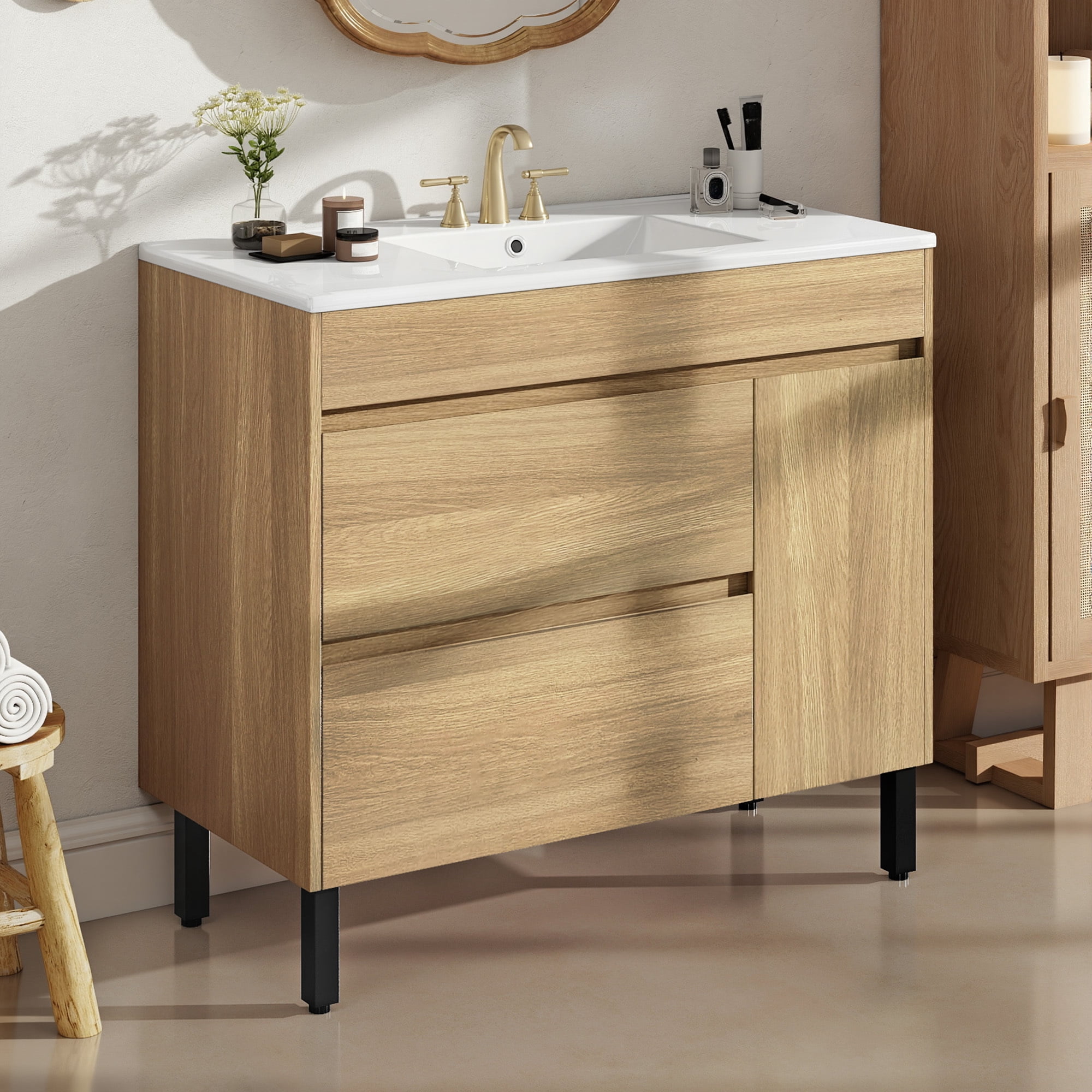 Uforic 36 Inch Bathroom Vanity with Sink, Freestanding Storage Bathroom Vanity for Media Space, with 1 Soft Closing Cabinet & 2 Drawers, Natural Brown, Mid-Century Modern