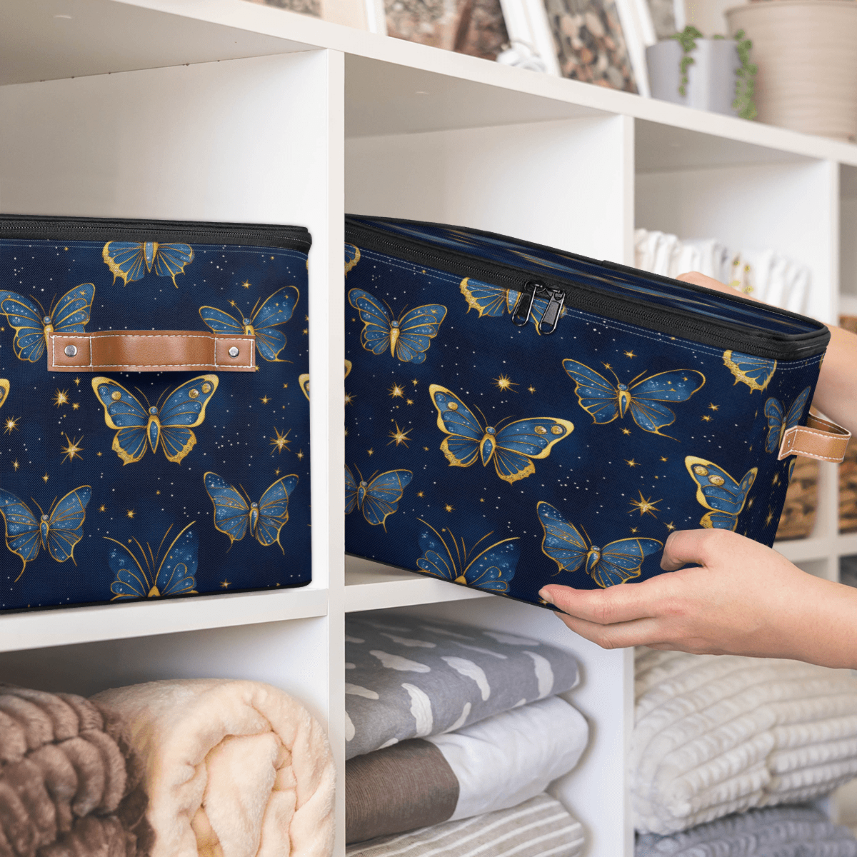 ADECORIVY Blue Gold Butterflies Storage Bin with Zipper Lid, Fabric Foldable Shelf Baskets Boxes, Closet Lidded Storage Bins, Decorative Clothes Organizer for Bedroom Home