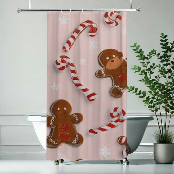 RKSupls Christmas Shower Curtain, Pink Gingerbread Twin Size Curtain with Hooks for Home Bathroom Decor Washable Curtains, 36x72 in