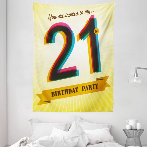 21st Birthday Decorations Tapestry, Invitation to an Amazing Birthday Party on Golden Backdrop Image, Wall Hanging for Bedroom Living Room Dorm Decor, 60W X 80L Inches, Multicolor, by Ambesonne