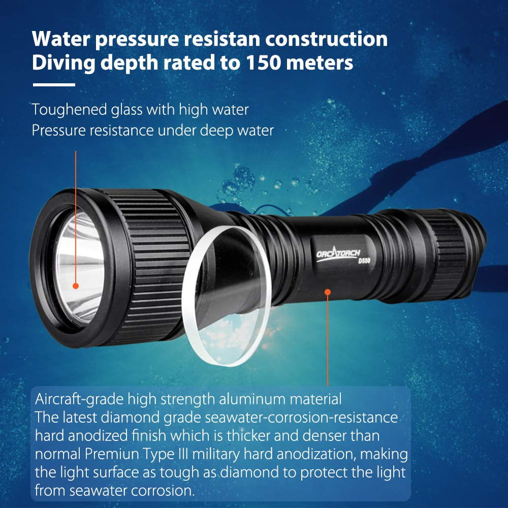 ORCATORCH Upgraded Version D550 Dive Light 1000 Lumens Scuba Safety Torch XM-L2