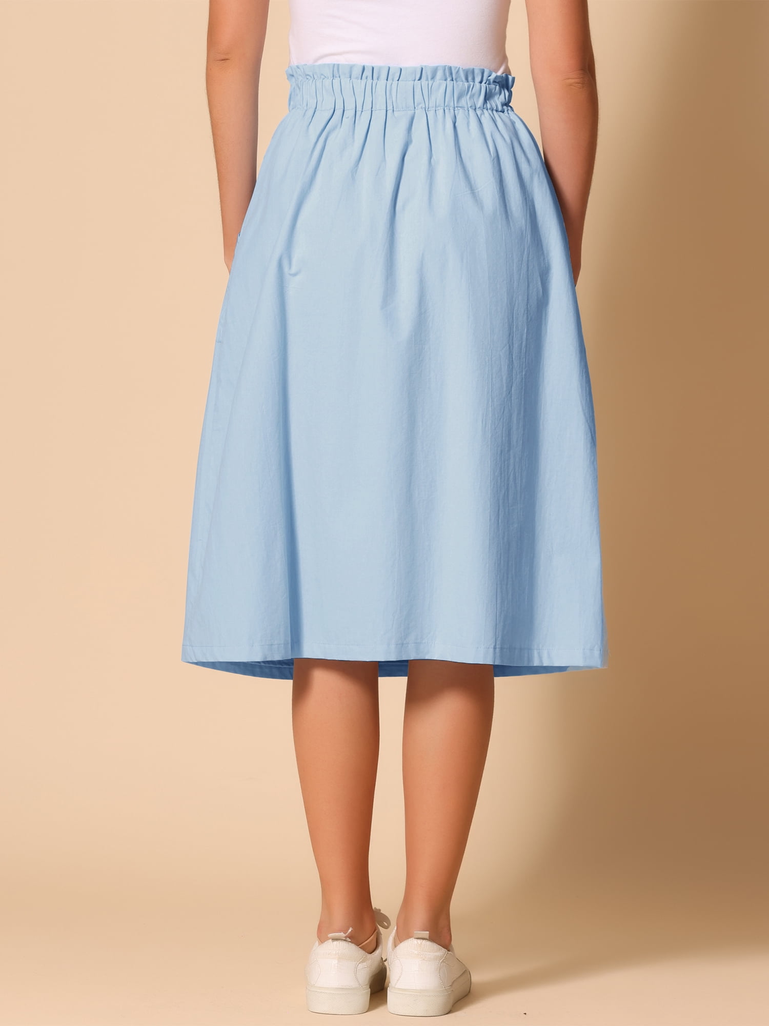 DARING DIVA Women's Cotton A-Line Midi Skirt with Pockets L Light Blue
