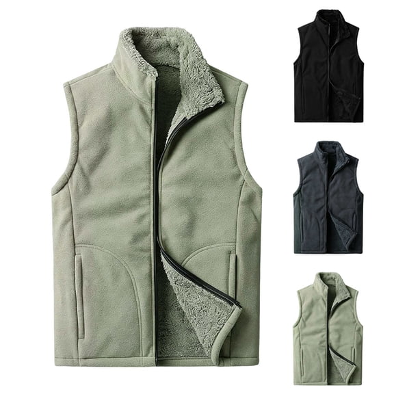 Liweisiy Full Zip Stand Collar Vest Fleece Lined Sleeveless Coat With Pockets Fall Thermal Outdoor Casual Waistcoat Khaki 5XL