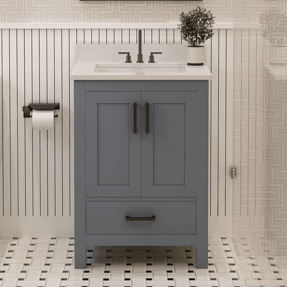 Ayna Decors Rooh 24" Solid Wood Bathroom Vanity with Sink – Charcoal Grey, 3 Pre-Drilled Faucet Holes, 2 Soft-Close Doors, 1 Full-Extension Drawer, Matte Black Handles