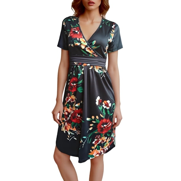 Vestido Informal Para Mujer, Fluido, Cómodo, Suave, Transpirable, Para Fiestas de Verano, Con Estampado Floral, Cuello Elegante, Estilo Túnica