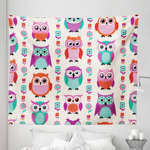 Owls Tapestry, Owls in Vertical Line Flower Strings Vibrant Spring Colors Art, Fabric Wall Hanging Decor for Bedroom Living Room Dorm, 5 Sizes, Orange Fuchsia Seafoam, by Ambesonne