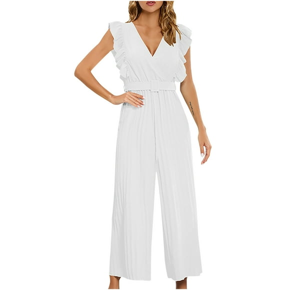 Penkiiy Jumpsuits for Women Womens Fashion Summer Solid Casual Ruffle Sleeveless Suspender Jumpsuit White XS Jumpsuits
