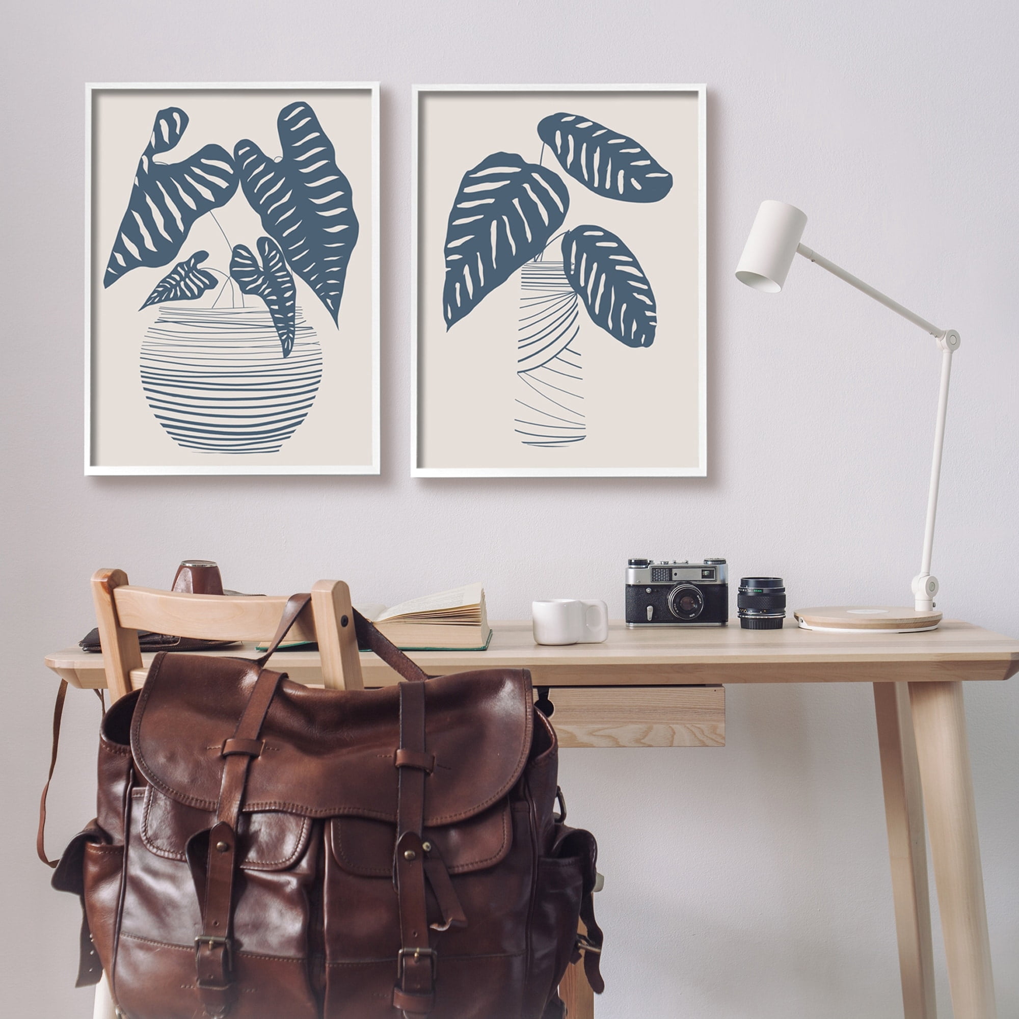 Stupell Industries Neat Potted Plant Leaves Minimal Striped Vases Graphic Art White Framed Art Print Wall Art, Set of 2, Design by Daniela Santiago