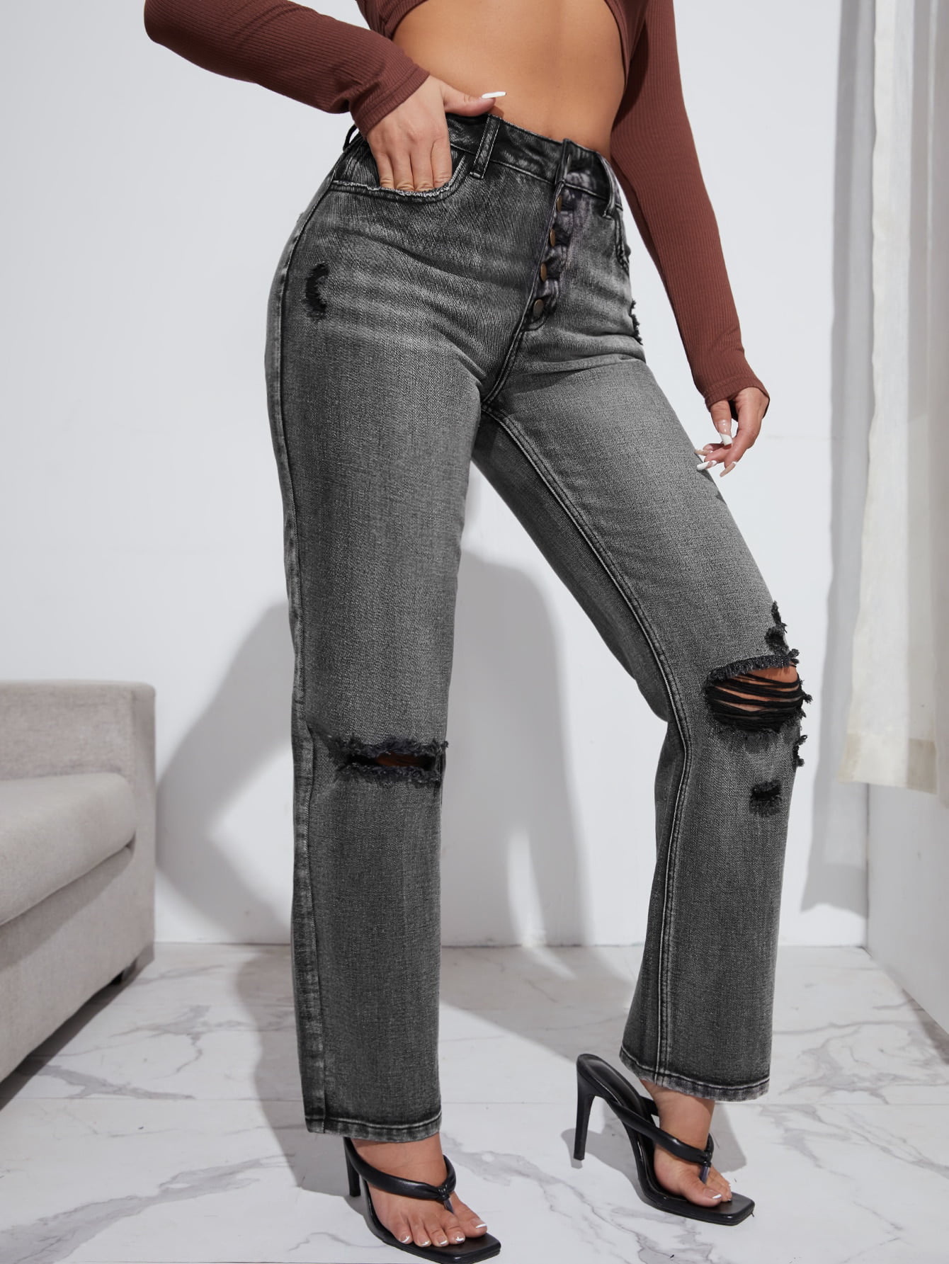 Closer-to-U Grey Shredded High Waist Jeans Ripped Jeans for Women 2019 Casual High Waisted Jeans
