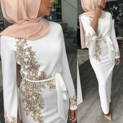 Aellinatey Women Muslim Dubai Abaya Long Sleeve Maxi Dress Floral Lace Beading Hijab Kaftan