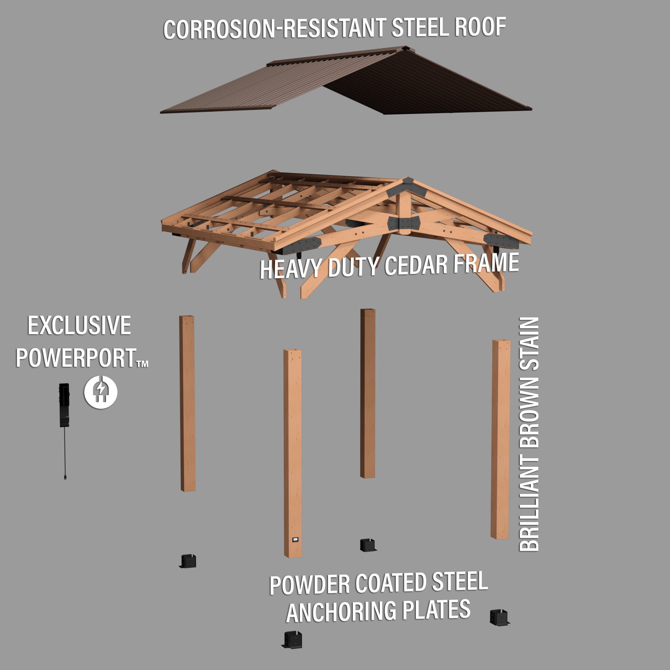 Backyard Discovery Norwood 14' x 10' Cedar Wood Gazebo, Galvanized Steel Roof, PowerPort