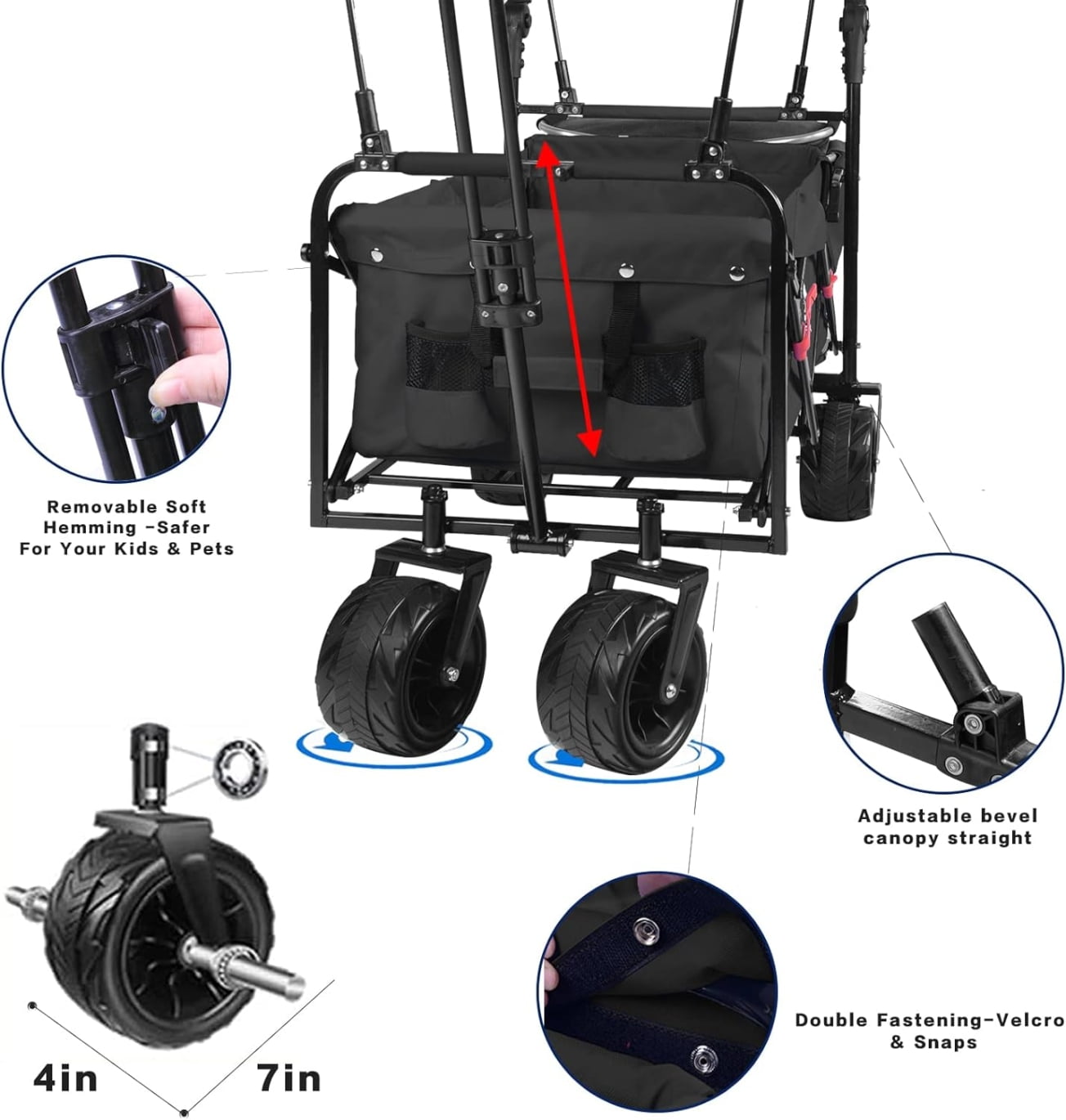 Collapsible Wagon Wagon Cart with Removable Canopy, Heavy Duty Foldable Beach Wagon with  All Terrain Wheels and Brake, Adjustable Push Pull Handle, 220LBS Cooler Bag Utility Carts for Outdoor, Black