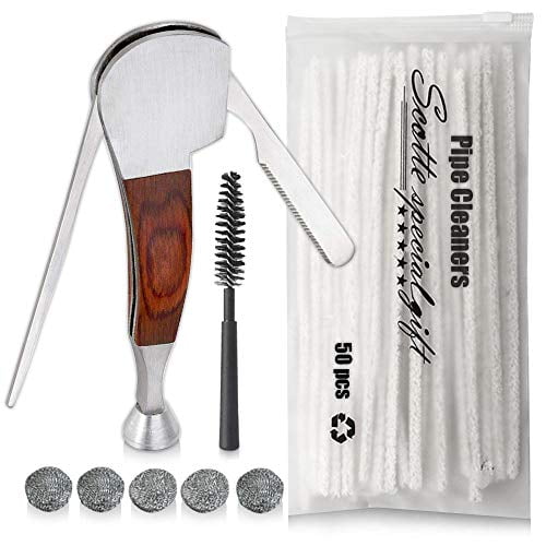 Scotte Handmade Ebony Wood Pipe & 4-in-1 Lighter Set - Includes Stand, Cleaners, Filters (Complete Gift Set For Men)