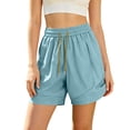 thumbnail image 3 of Plus Size Women's Nylon High Waisted Elastic Drawstring Workout Shorts with Pockets, Running Gym Hiking Casual Summer, Womens Athletic Shorts | UKHCCC,Sky Blue 3XL, 3 of 7
